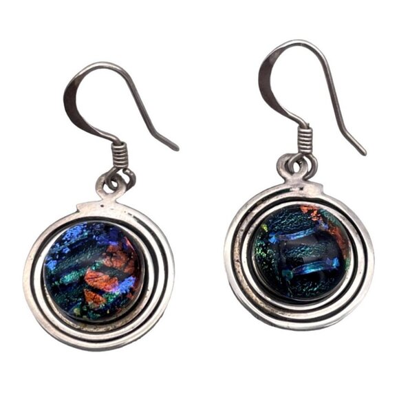 925 Sterling Silver Round Dichroic Glass Dangle Drop Earring Hook Closure - Picture 2 of 11